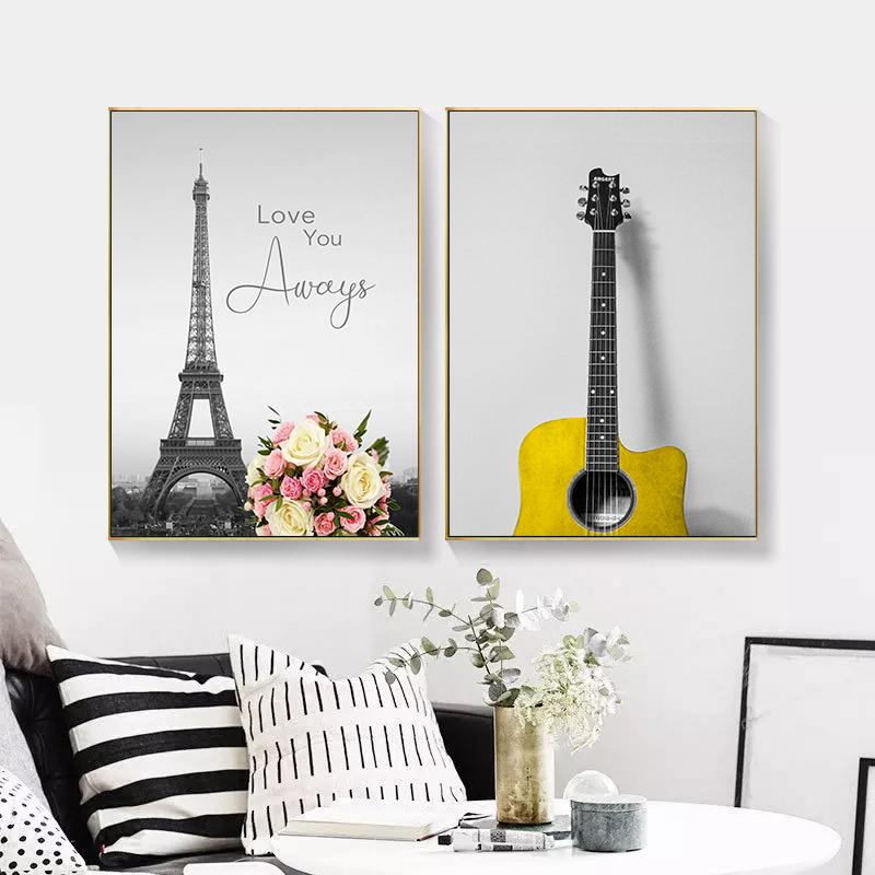 Скандинавский Париж, Эйфелева башня, холст, картина, пейзаж, настенный постер, гитара, розы, цветы, художественный принт, современная гостиная, украшение для дома