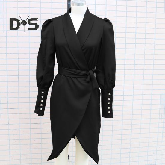 Women Formal Dress Business Style Turn-down Collar Long Sleeve Pure Color Slim Fit Lace-up Cross Cardigan Dress Spring Midi Dress OL Commuting Dress