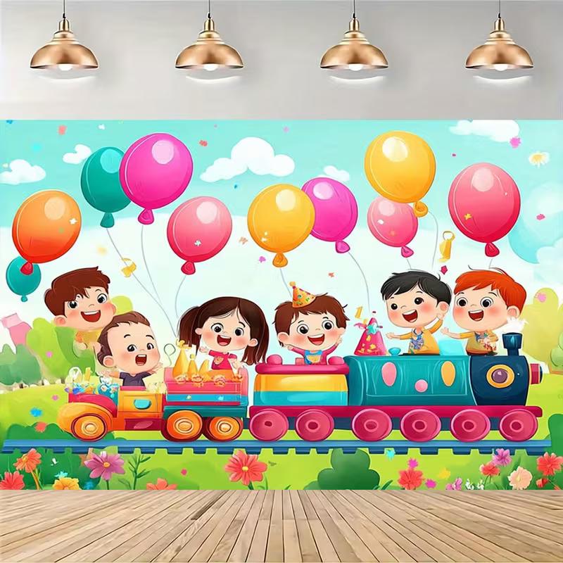 2D Happy Birthday Kids Train Backdrop Children Party Photography Background