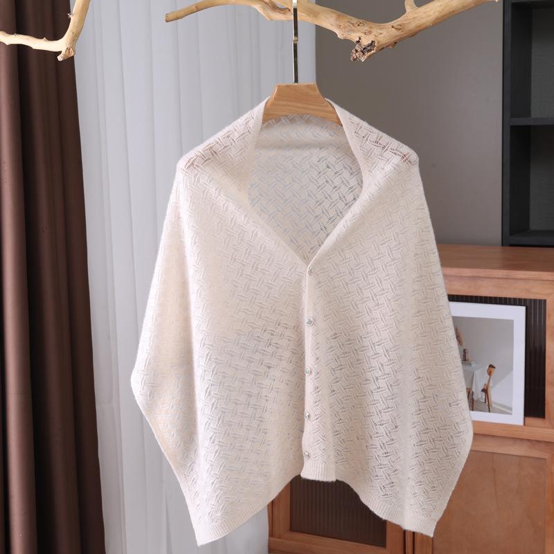 Ladies' 100% Wool Hollowed Out Shawl Scarf with Diamond Grid Thin Desig,breathable Multifunctional Cover Shirt Split Outer Layer