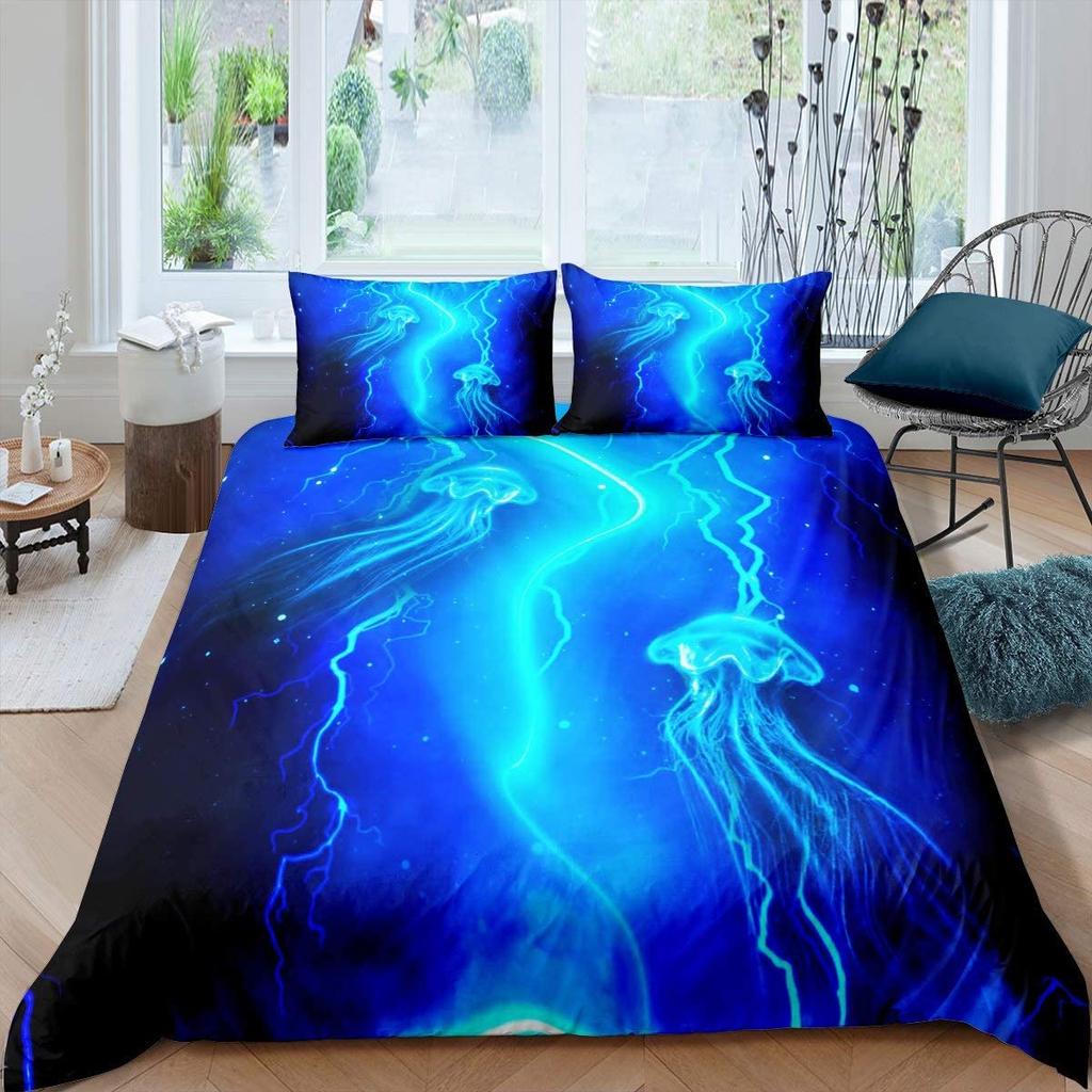 Jellyfish Bedding Set Queen,Ocean Nautical Comforter Cover for Kids Boys Girls,Hawaii Beach Duvet Cover Teens Cute Sea Animal