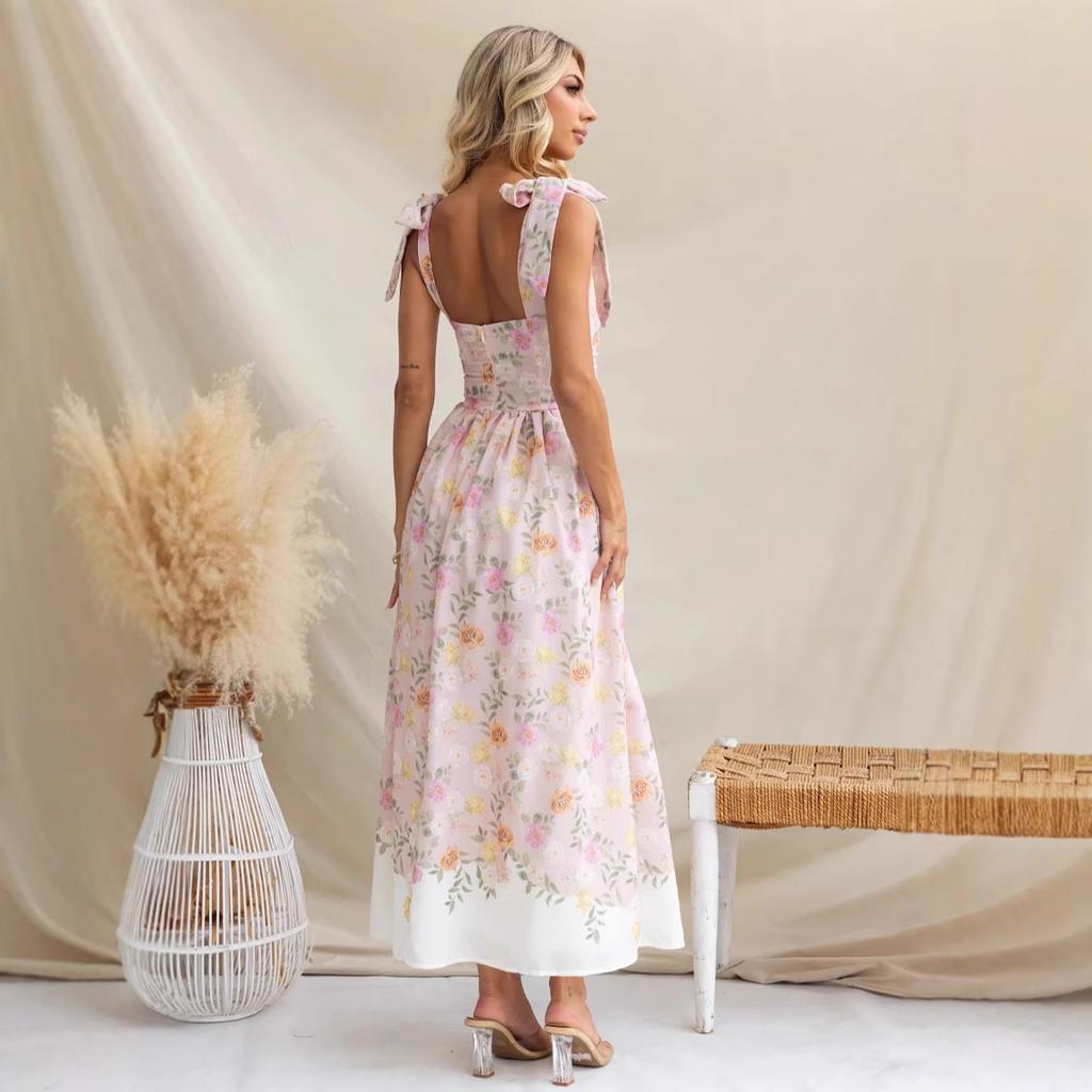 This Summer's New Resort-style French Floral Floral Cinched-waist Slimming, Color-block Strappy Jumpsuit Dress