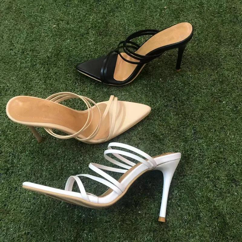 2024 Новые женские туфли на высоком каблуке. Сексуальные туфли на шпильках с узким ремешком и открытым носком. Современные кожаные мюли с пайетками. Летние туфли на каблуке.