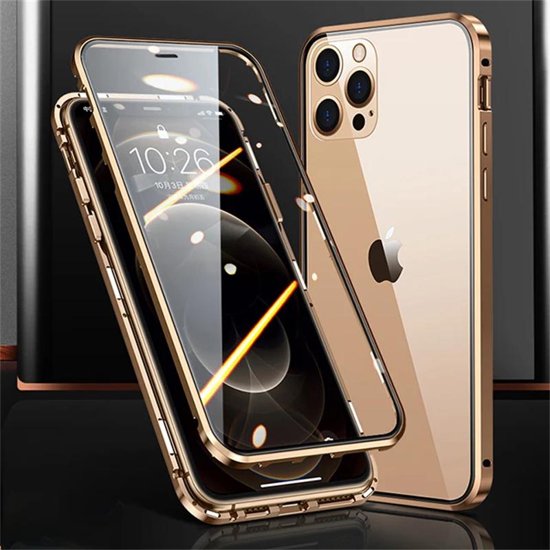 360 Магнитный металлический чехол для iPhone 16 15 14 13 12 11 Pro Max Plus Двусторонний закаленный стеклянный чехол для полной защиты телефона