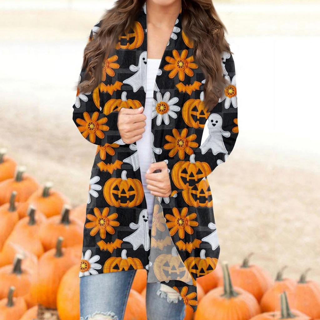 Женская мода повседневная Хэллоуин принтованный длинный рукав кардиган средней длины топы