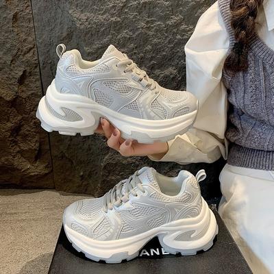 Чжао Рут серебристые кроссовки папины женские новые дышащие увеличивающие рост повседневные спортивные туфли круглый носок сетка высокий каблук