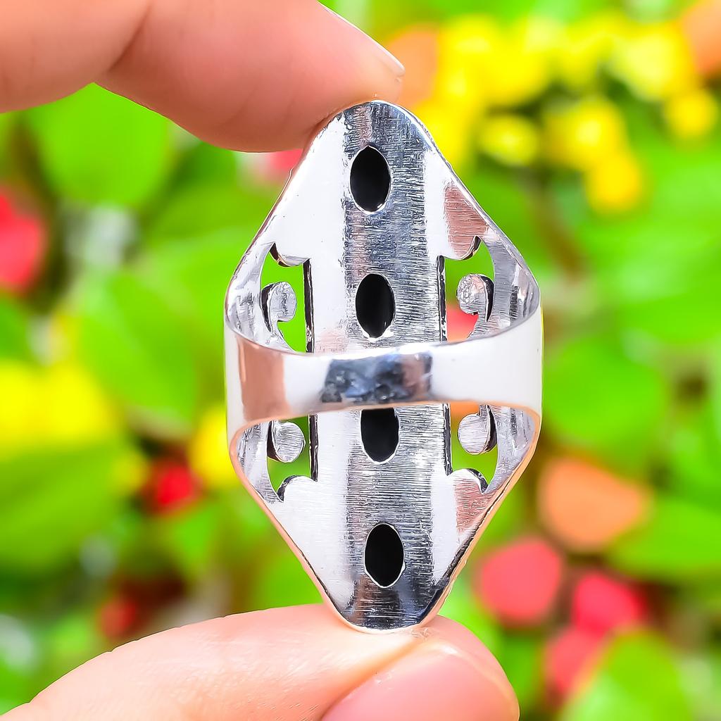 Black Onyx Gemstone Handmade 925 Sterling Silver Jewelry Ring Size 7.5 F3R02