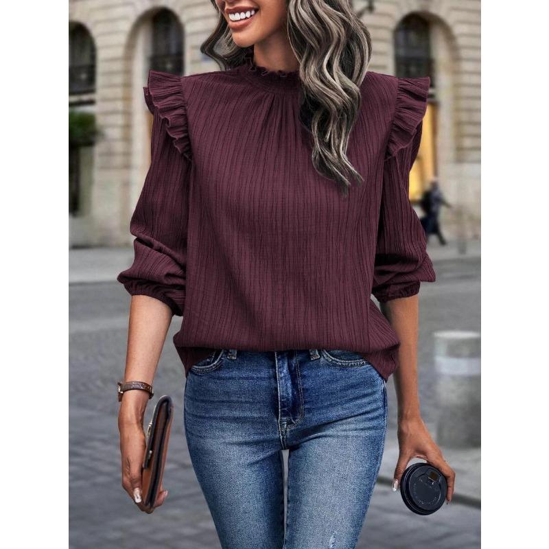 Spring and Autumn Women's Blouse Ruffled Edge Stand-up Collar Splicing Ruffled Lantern Sleeve Temperament Women's Tops
