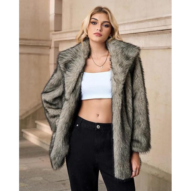 Womens Mid-Length Faux Fox Fur Coat Warm Loose Fluffy Winter Outerwear