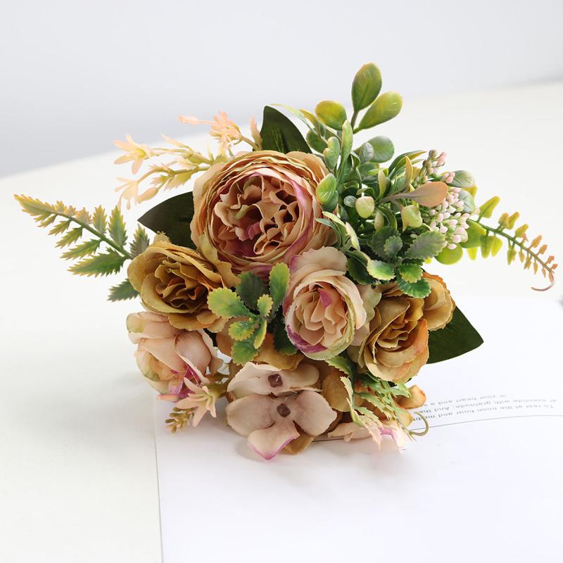 41cm Rose Pink Silk Bouquet Peony Artificial Flowers 5 Forks Rose Bud Bride Wedding Home Decoration Fake Flowers Faux