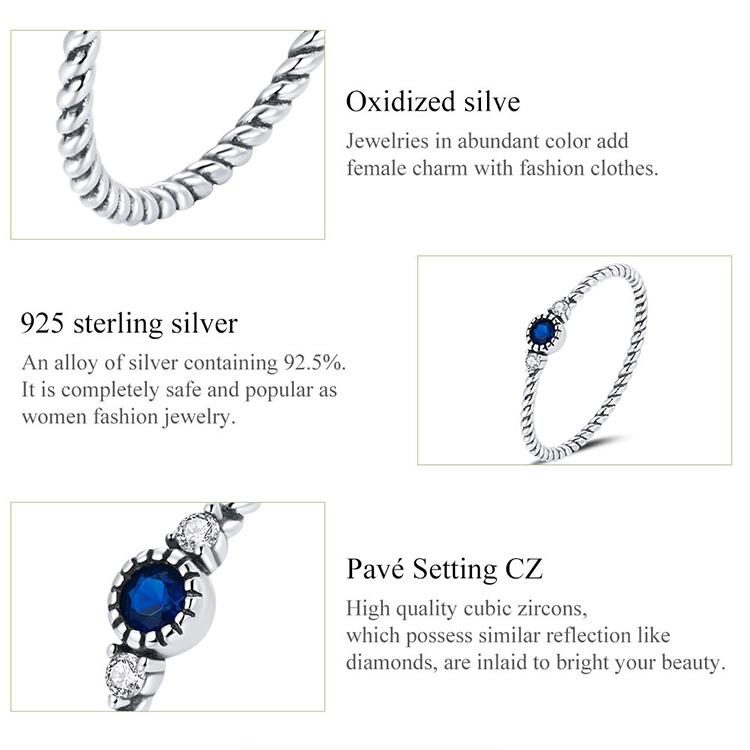 Кольцо BAMOER из стерлингового серебра 925 пробы с загадочным синим цирконом, женское классическое винтажное кольцо с текстурой