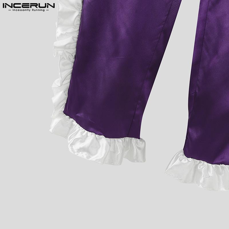 INCERUN Men Elastic Waist Drawstring Ruffled Hem Patchwork Long Harem Pants