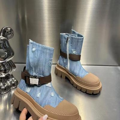 Новые корейские модные короткие сапоги женские джинсовые туфли на толстой подошве женские ботильоны в стиле ретро с пряжкой на ремне для женщин 2024