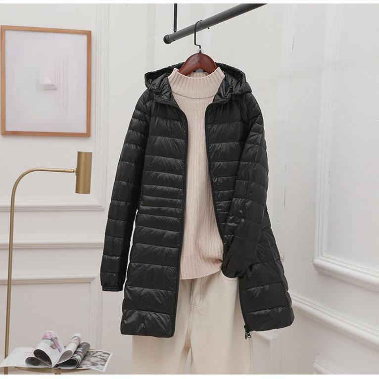Женский длинный теплый пуховик с портативной сумкой для хранения, женский легкий пуховик, женские пальто длиной до бедра, High Street