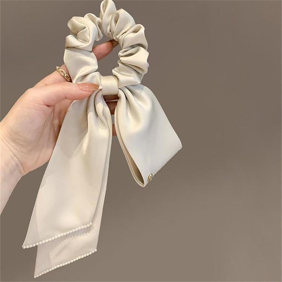 New Fashion High Quality Satin Long Ribbon Wrinkled Hair Ring for Women Girls Bow Ponytail Elastic Hair Band Headdress