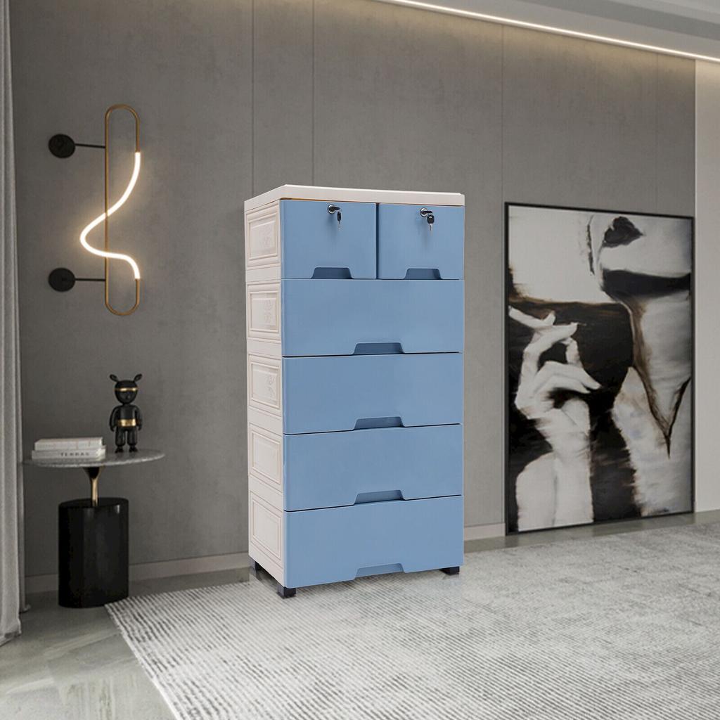 6-Drawer Modular Storage Cabinet – PP Plastic Dresser with Wheels & Locks – White/Blue – 50 x 35 x 102 cm