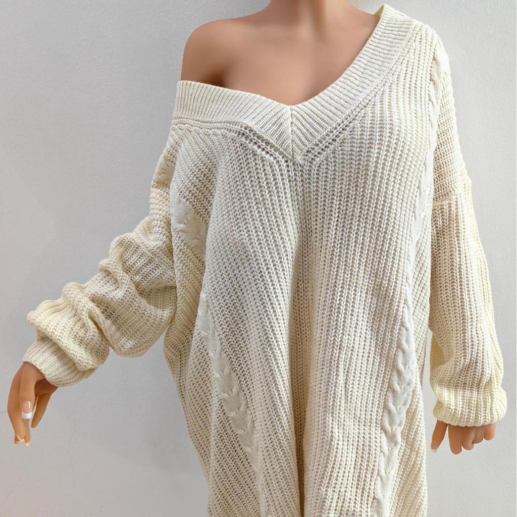 Осенне-зимние женские большие размеры, свободные однотонные, глубокий V-образный вырез, сексуальные тканые платья-свитера