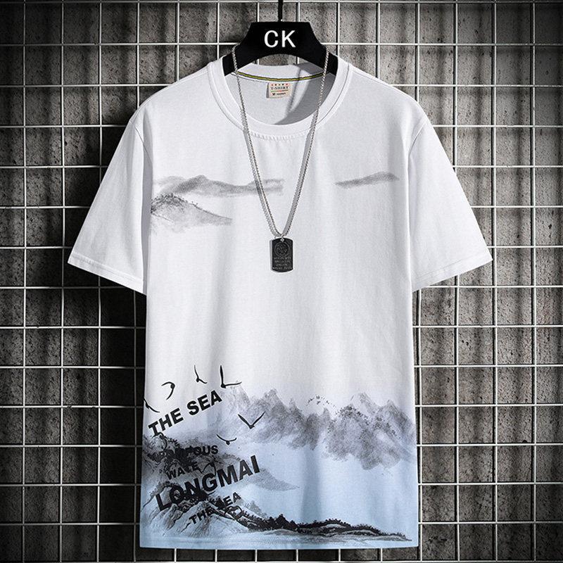 Summer Men's  Fashion Chinese Traditional Painting Style 3d Printed T Shirt Simple Pattern Short-sleeved Tees  Casual Men's Tops