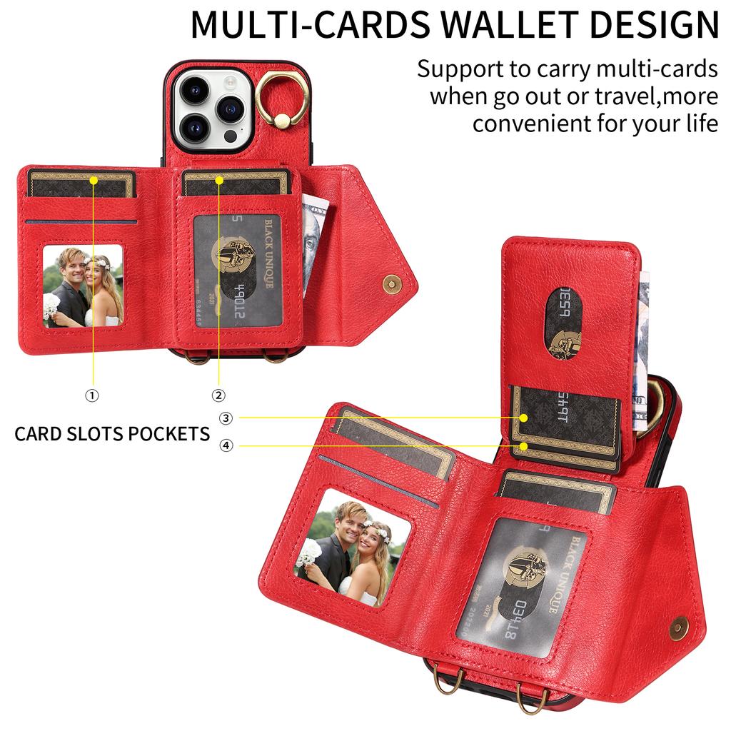 Для iPhone 16 серии. Для iPhone 16, 16 Plus, 16 Pro, 16 Pro Max плечевой ремень веревка кольцо кронштейн дизайн держатель для карт слоты личи узор чехол для телефона