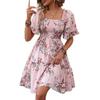 Women Summer Casual Short Sleeve Squera Collar Floral Printed Party One Piece Dress