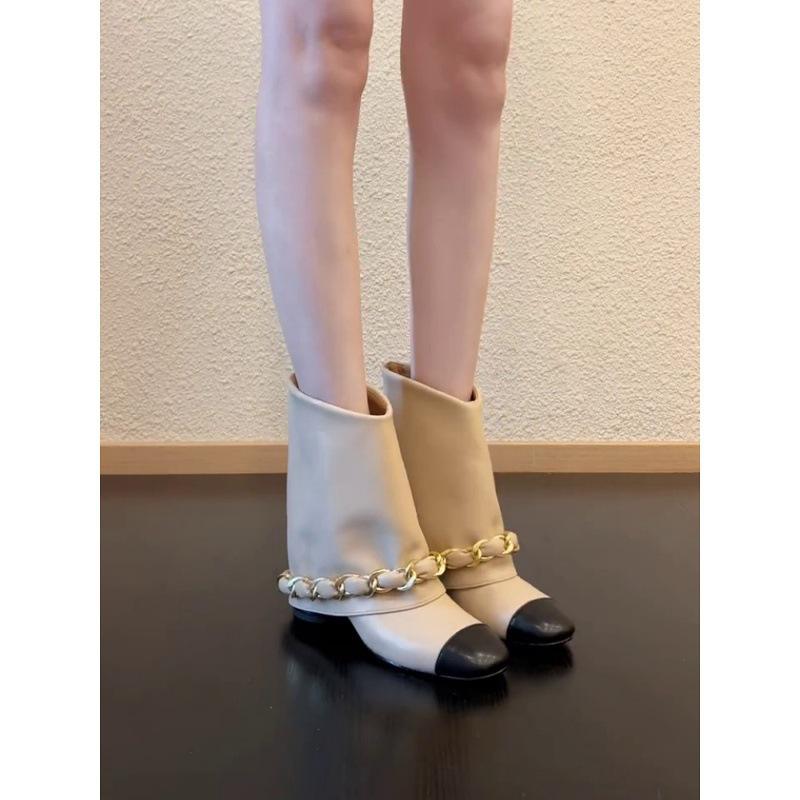Sheepskin version~ Xiaoxiangfeng contrasting color chain thick heel short boots women's 2025 new leather super thin boots pant tube boots