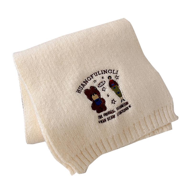 A New High End Women's Winter Scarf with Bear Embroidery Thick and Warm Cold Proof Knitted Woolen Scarf Shawl