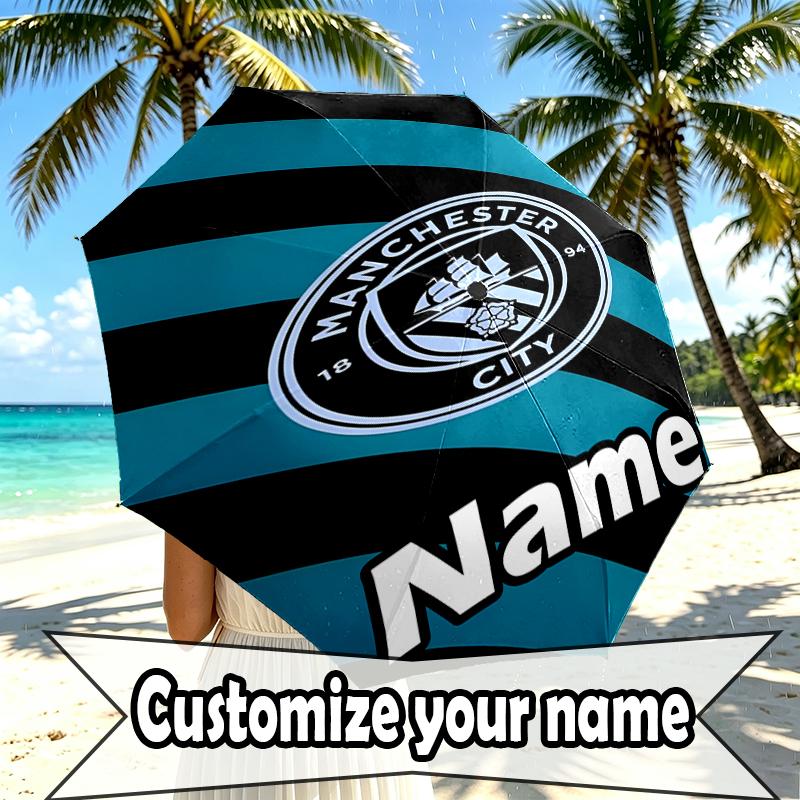 Custom Name Personalized Manchester City FC Print Umbrella, Auto Open Close, 8‑Rib Sturdy Frame, Commute Camping Hiking Use, Birthday Gift