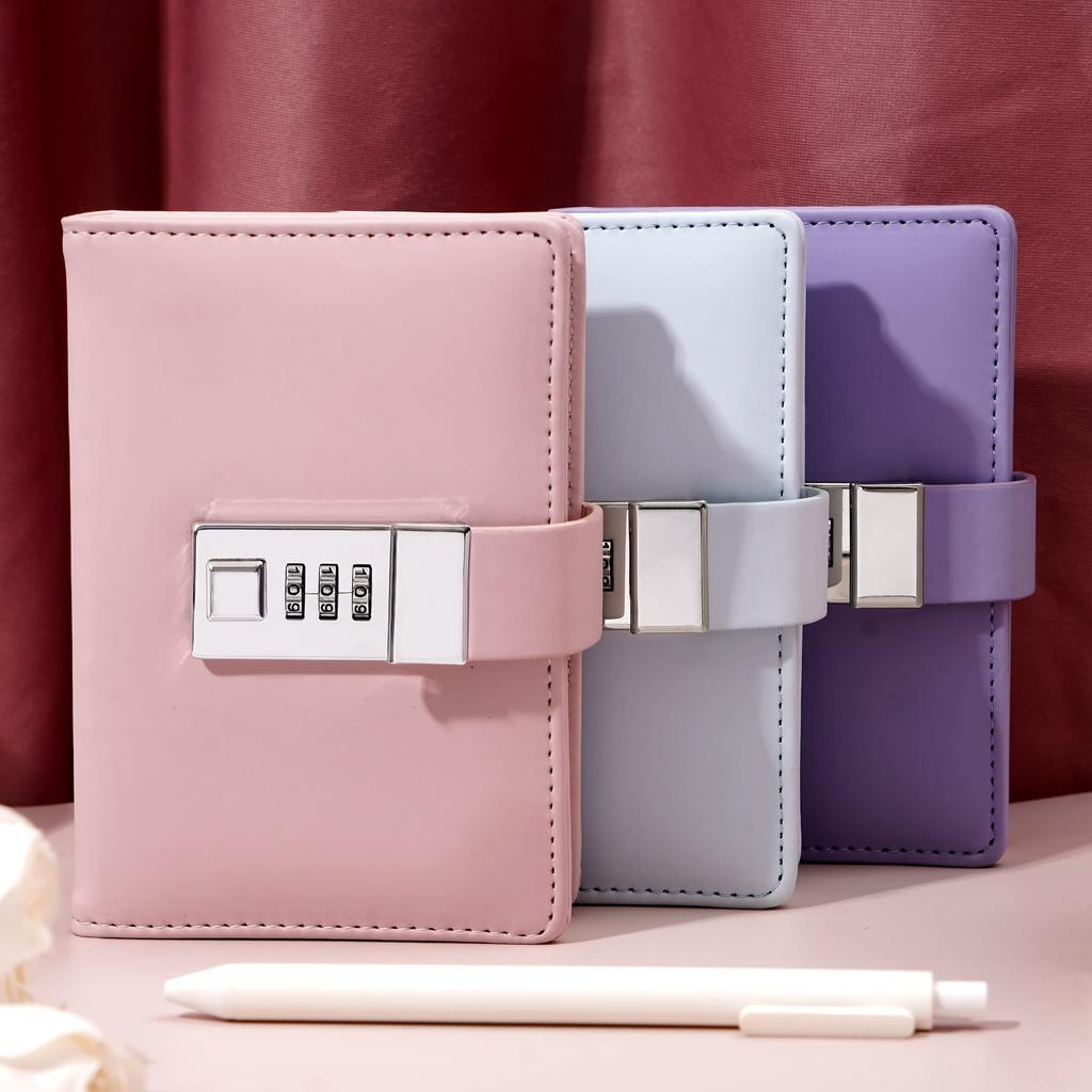 CAGIE Lockable Notebook, Stylish Journal, Horizontal Ruled, PU Leather, Gift Box Included, Password Notebook, A7 Size, Lockable Diary, Cute Pink