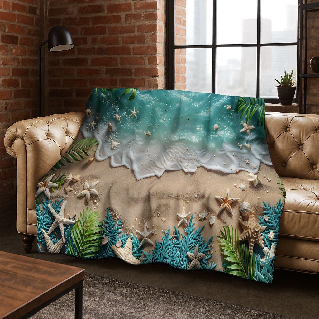 Плед Фланелевый Звезда Морская Ракушка Тропический Пляж Звезда Морская Арт, Уютный Мягкий Плед для Дома Спальни Кровати Дивана, Подарок
