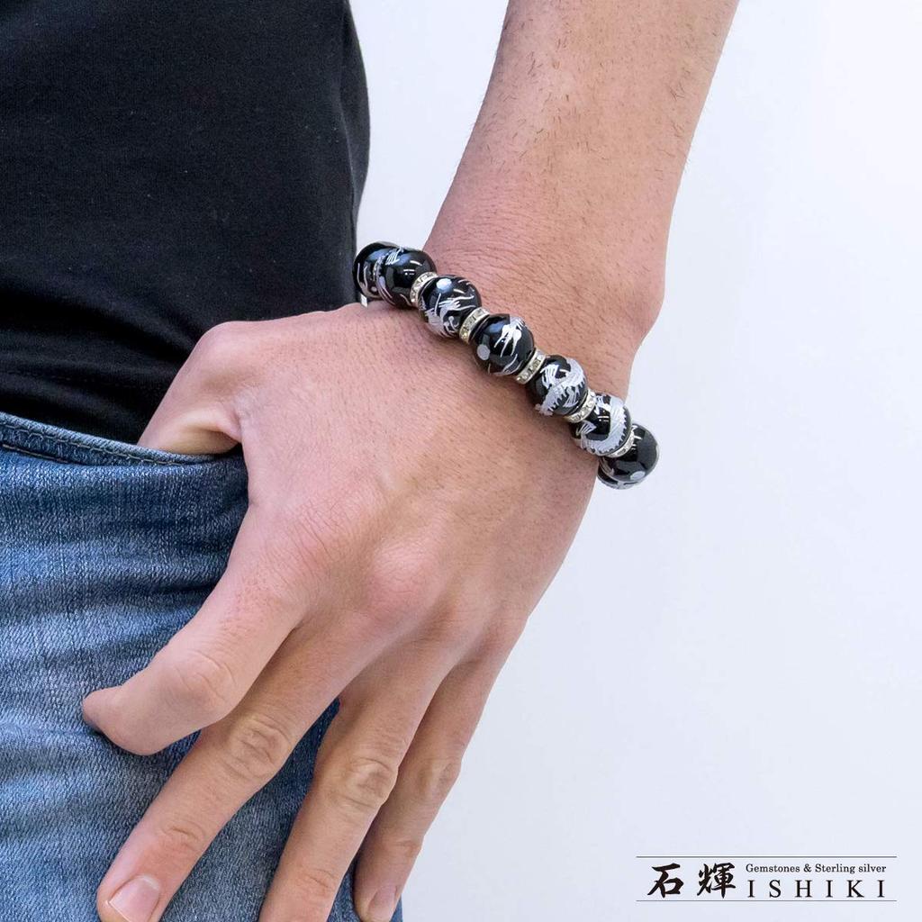 Серебряный резной пятилапый императорский дракон оникс 16 мм серебряный браслет из бусин Рондель с камнем силы [Sekihui] [b335]