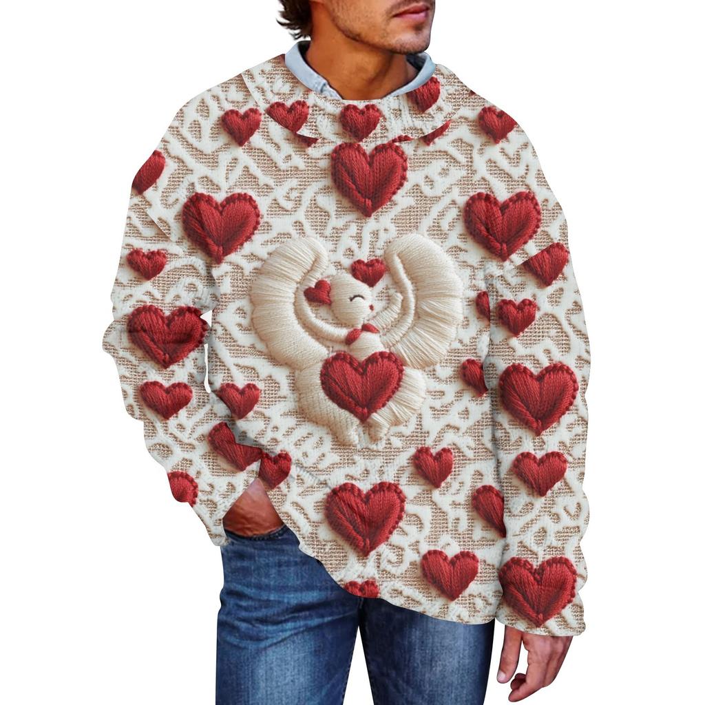 Мужская мода Повседневная кофта с длинными рукавами на День святого Валентина Нежный принтованный свитер с круглым вырезом из шерсти и имитацией цветка Толстовка с капюшоном с круглым вырезом Свободные длинные рукава