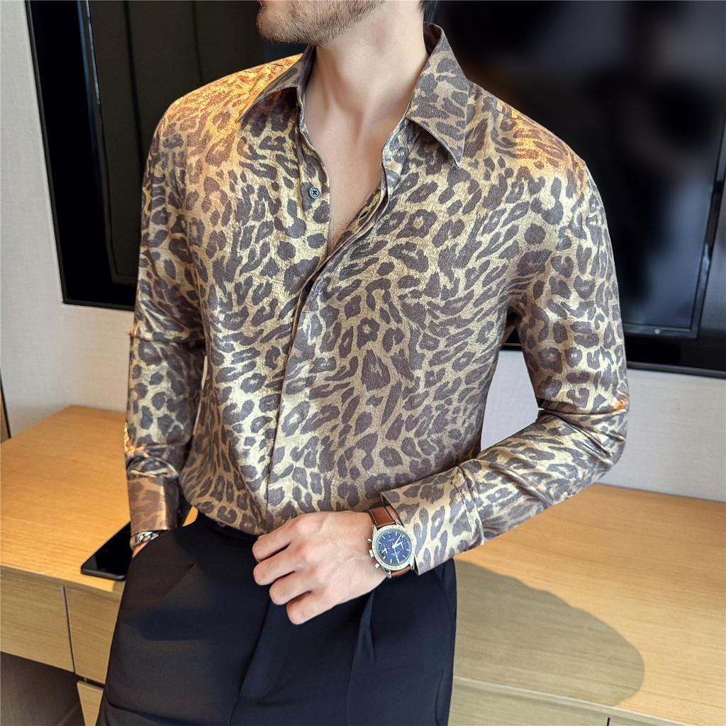 Модная Роскошная Повседневная Мужская Высококачественная Мягкая и Удобная Ткань Классическая Рубашка с Леопардовым Принтом