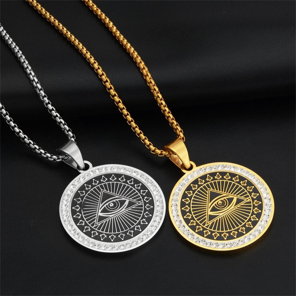 Хип-Хоп Ледяной Всевидящее Око Кулон Мужской Золотой Серебряный Цвет Нержавеющая Сталь Круглая Цепочка Для Мужчин Масонские Украшения Подарок на День Рождения