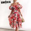 Женская мода лето весна цветочный принт с коротким рукавом на одно плечо повседневные платья