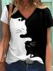 Fashion Spring  Black Cat Print Blouses Short Sleeved V-Neck T Shirts Casual