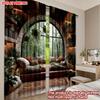 Set Of 2 Arch Window Forest View Curtains Flat Digital Printing Cozy Indoor Scene Sofa Pillows Plants Single Layer Decor Curtain Polyester