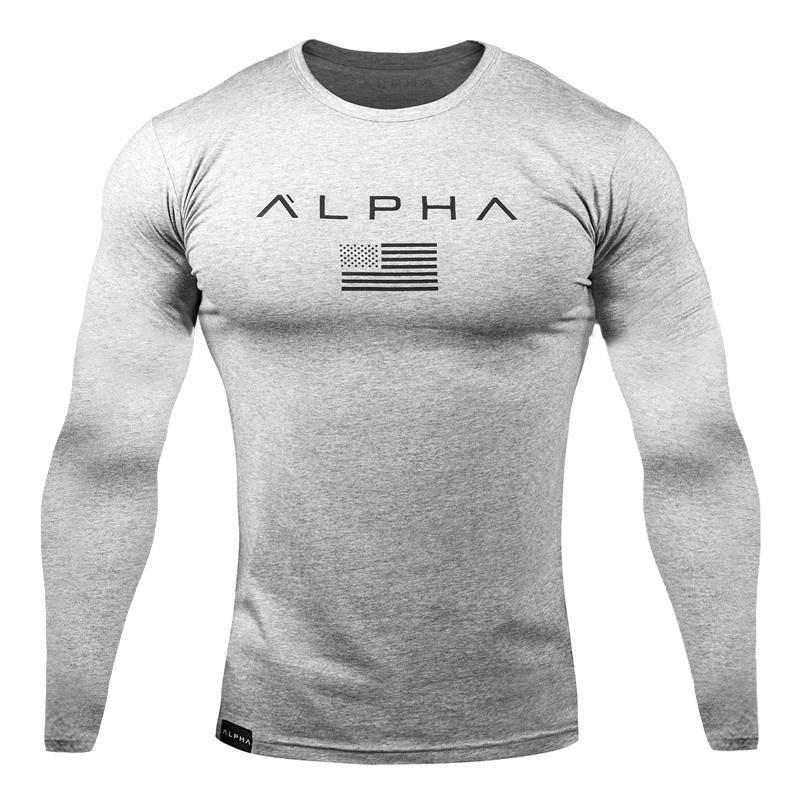 Men Long Sleeves Letter Printed T-Shirt Fitness Tees Outdoor Sport Running Climbing Tights Bodybuilding Muscle Gym Train Compression Shirt