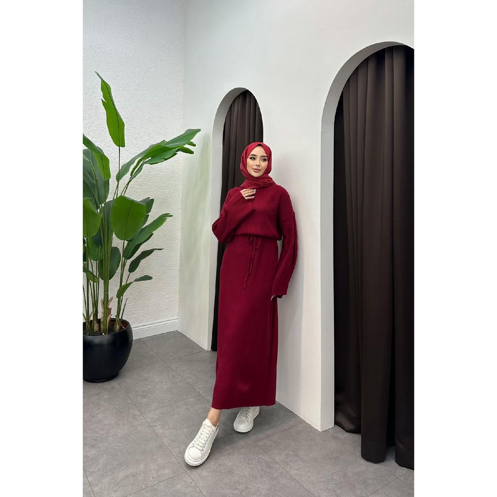 10numberamoda Женское длинное вязаное платье с рукавами «летучая мышь» бордово-красное