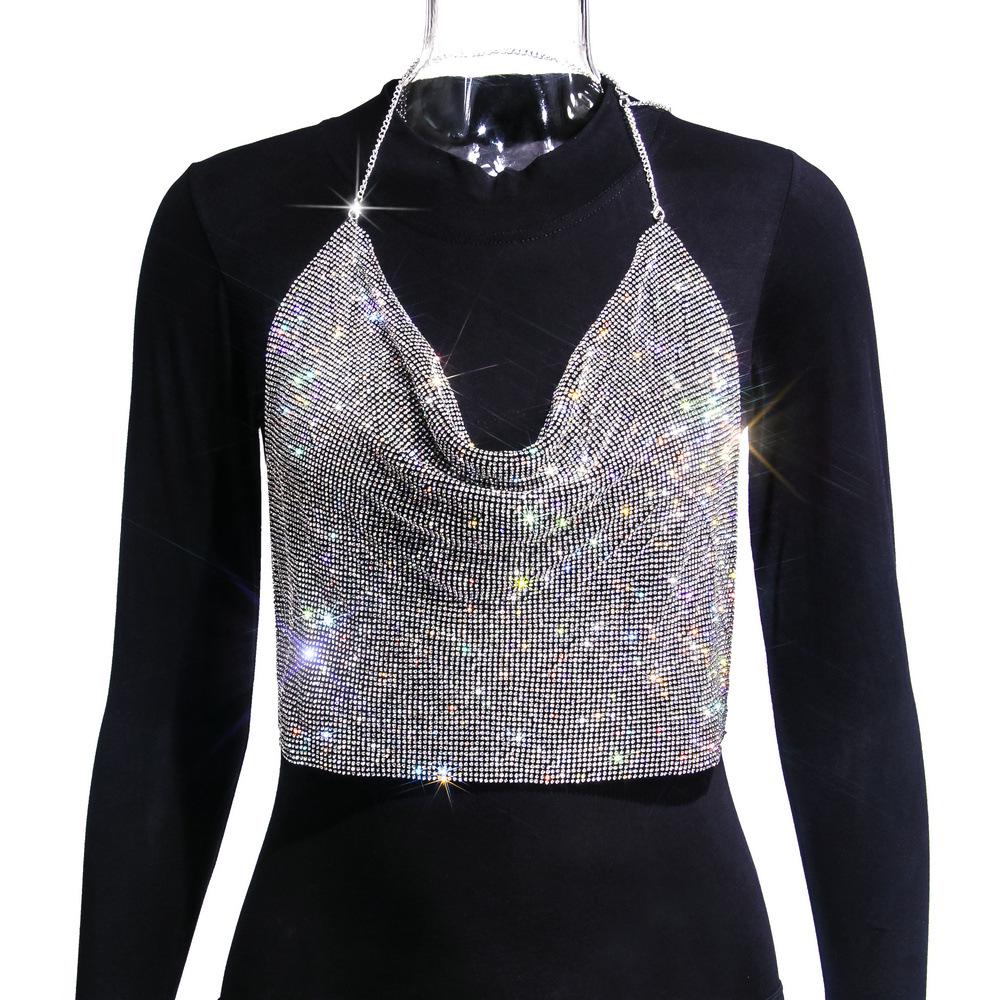 Европейская и американская мода Стразы Цепочка Бретелька Глубокий V-образный вырез Открытая спина Кроп-топ