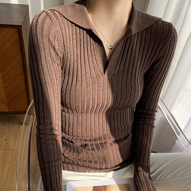 Autumn/winter Knitted T-shirt Women's Pullover Knit Sweater V-neck Polo Shirt Top Knitted Undershirt Women's Stretch Skinny Sweater Undershirt