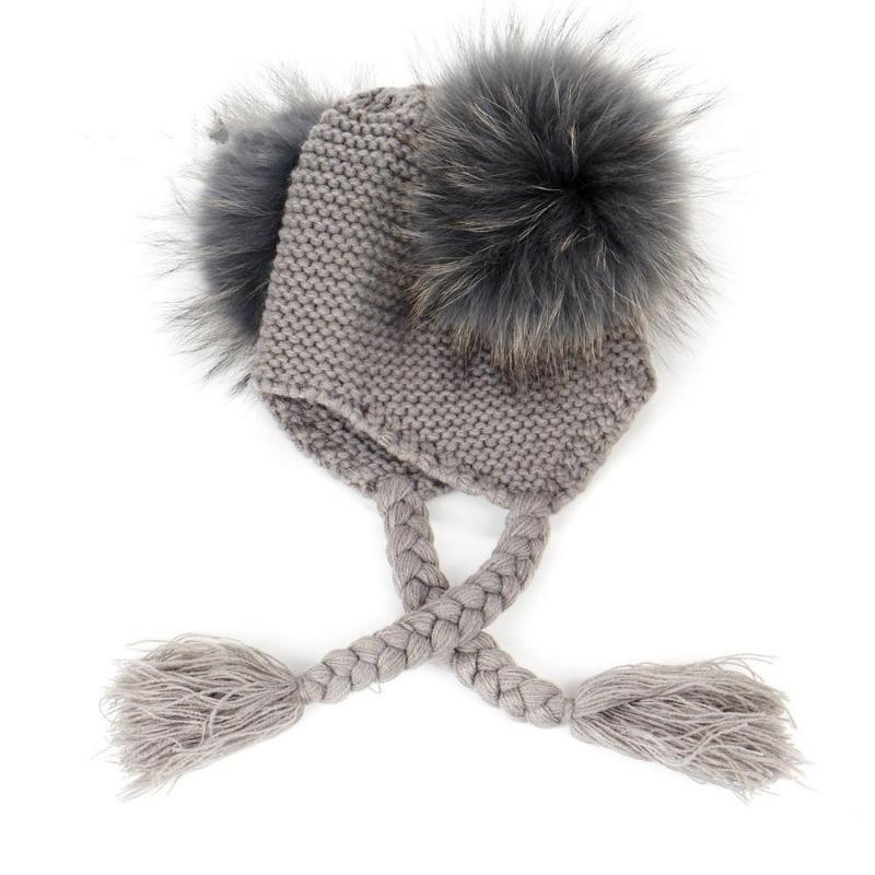 New Autumn Winter Baby Beanie 22 CM Real Fur Pompoms Warm Sleep Wool Cap Kids Clothing Accessories H