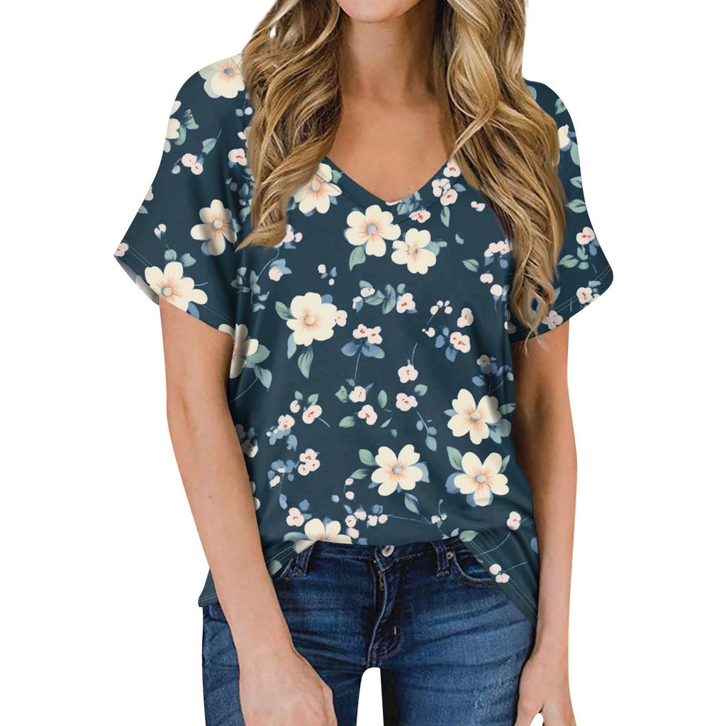 Женская летняя модная повседневная блузка с V-образным вырезом и коротким рукавом с принтом