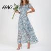 Maxi Dress V-neck Ruffle Short Sleeve Waist Tight High-waist Women Flowy Hem Sweet Floral Print Chiffon Female Clothing