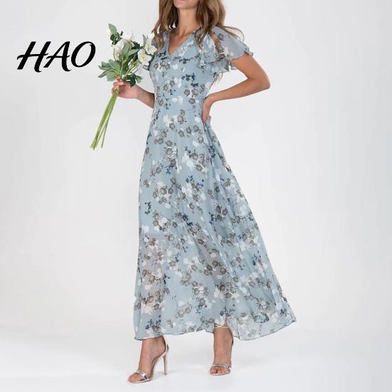 Maxi Dress V-neck Ruffle Short Sleeve Waist Tight High-waist Women Flowy Hem Sweet Floral Print Chiffon Female Clothing