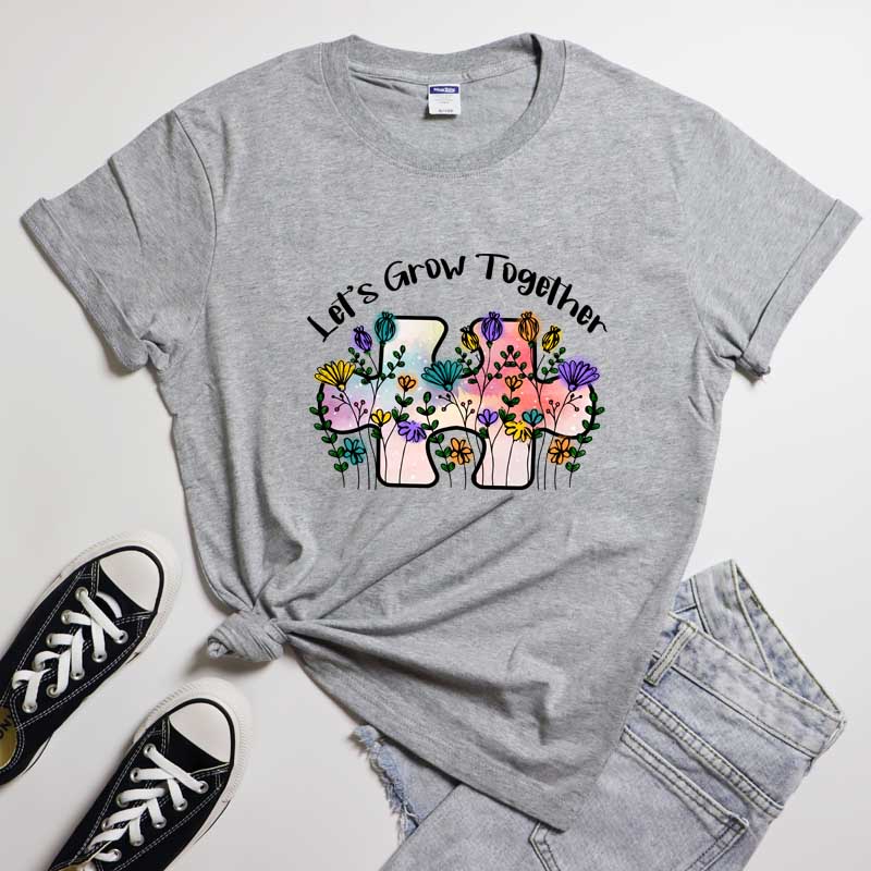 Lets Grow Together Floral Tshirt Boho Unisex Wildflower Positive Tshirt Vintage Autism Awareness Puzzle Piece Tee Shirt Top