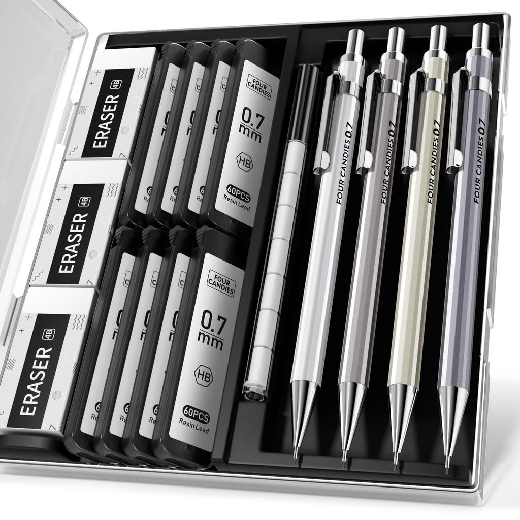Four Candies Metal Mechanical Pencil Set with Case 4 HB Lead Refills with Eraser for Writing and Drawing 0.7mm -