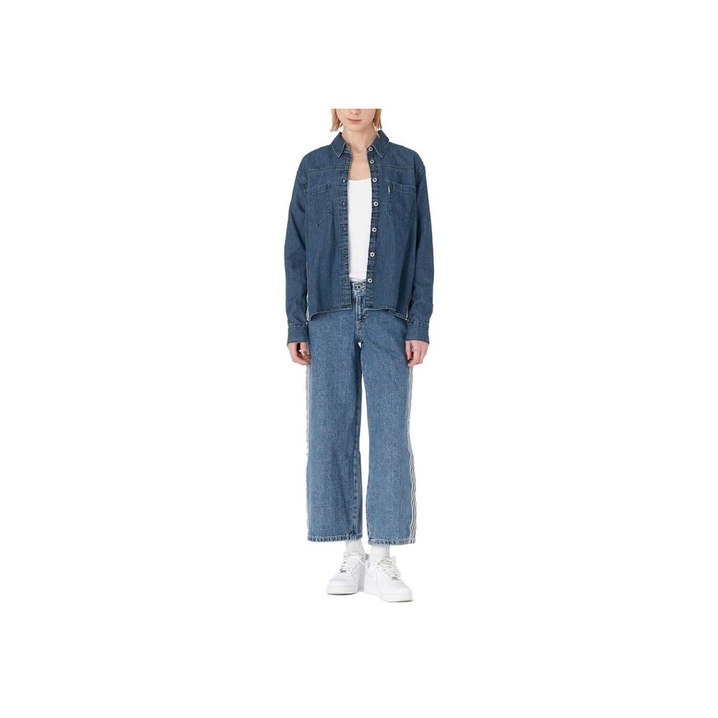 Levis FW23 SilverTab Винтажная карманная рубашка деним с длинным рукавом на пуговицах сбоку, свободного кроя, с острым воротником и декоративной строчкой для женщин, синяя A5977-0000