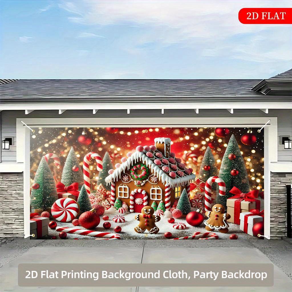 1 piece of Christmas gingerbread house polyester background cloth, suitable for indoor/outdoor Christmas party decoratio