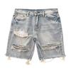 Men Summer Distressed Denim Shorts Button Zipper Fly Multi Pockets Short Jeans Straight Fit Ripped Holes Knee Length Distressed