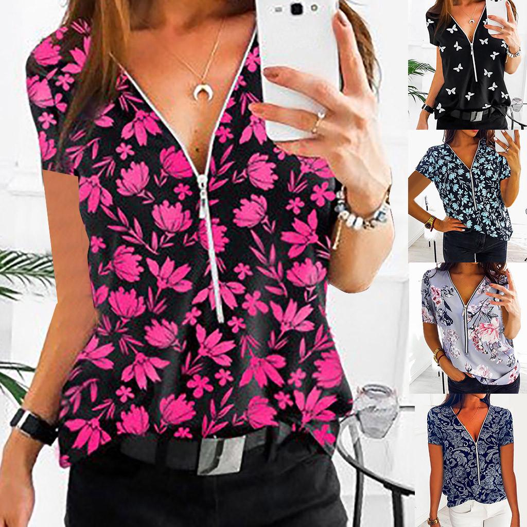 Women Ladies Plus Size Print Zipper Short Sleeve V-neck Pullover Tops Shirt